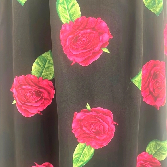 90s Betsey Johnson Silk Dress, Spaghetti Strap Midi Black with Pink Roses - Picture 5 of 8